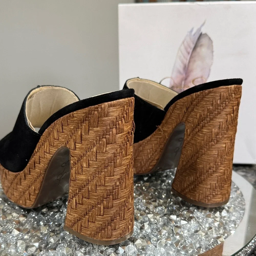 Jessica Simpson Black Suede Platform Mule Heels with Woven Brown Platform
